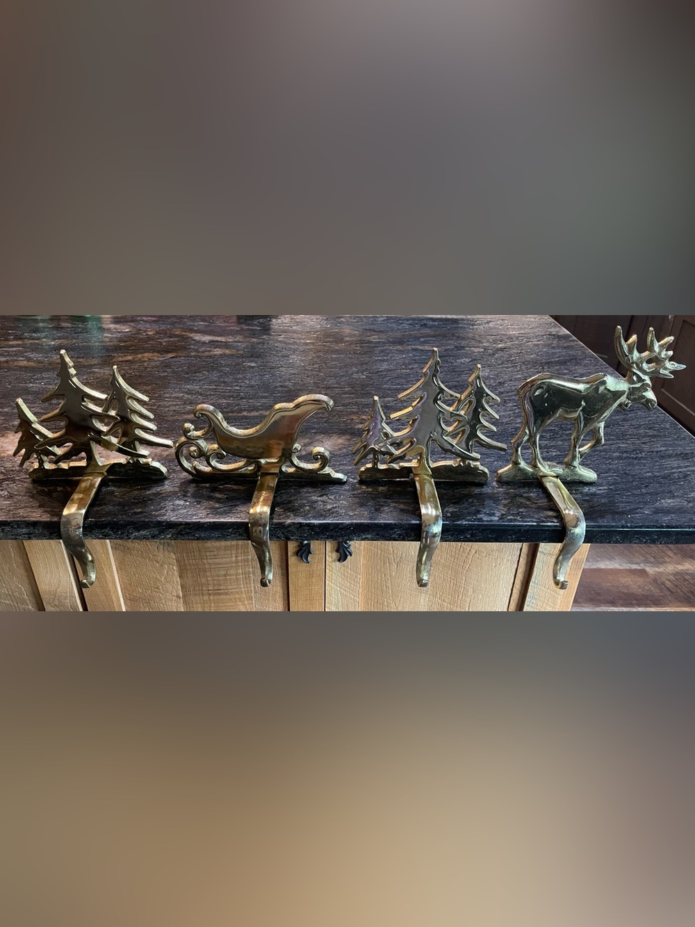 VTG Hallmark Metal Brass Tone Holiday Mantel Hooks Set - Sleigh, Trees & Moose